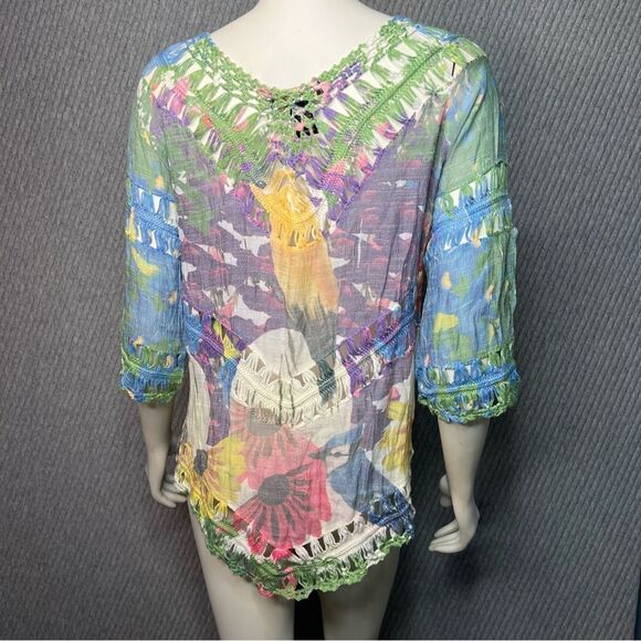 RAIN Crochet Multi-colored Tunic Top Size Small Bohemian Spring 3/4 Sleeve - Picture 9 of 11